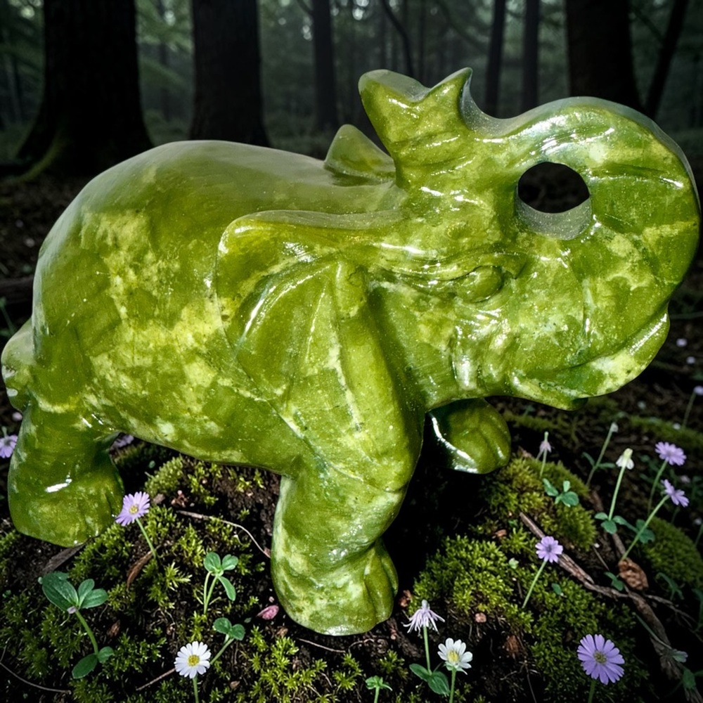 Green Jade Elephant Carving UV Reactive Serpentine Feng Shui Lucky Statue